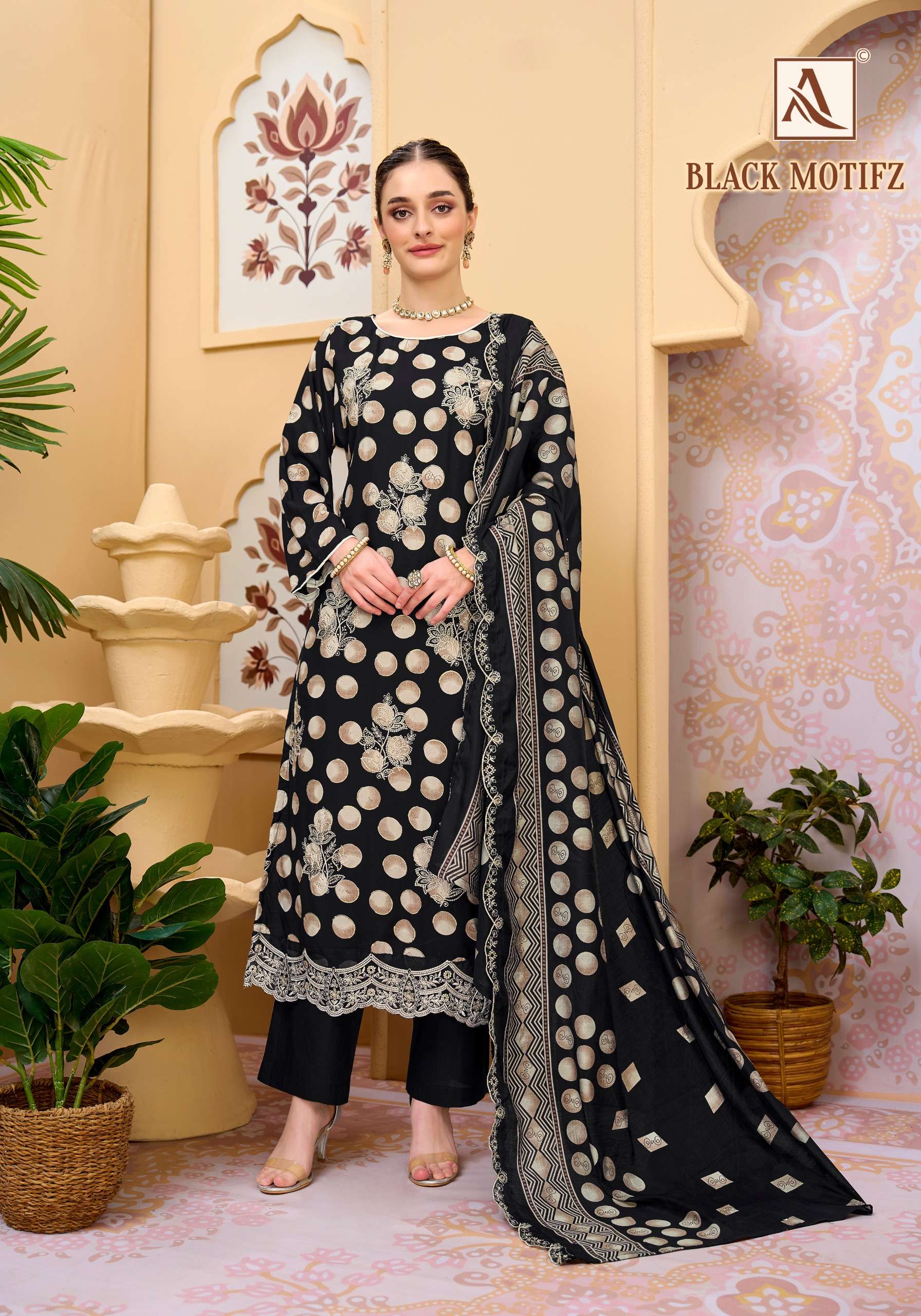 ALOK SUIT BLACK MOTIFZ REYON DISCHARGE FOIL PRINT BLACK COLOR SALWAR KAMEEZ LOW RATE SUPPLIER